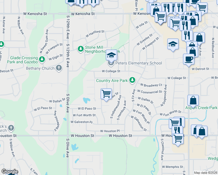 map of restaurants, bars, coffee shops, grocery stores, and more near 3102 West Broadway Place in Broken Arrow
