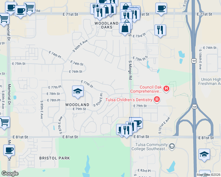 map of restaurants, bars, coffee shops, grocery stores, and more near 7637 South 94th East Avenue in Tulsa