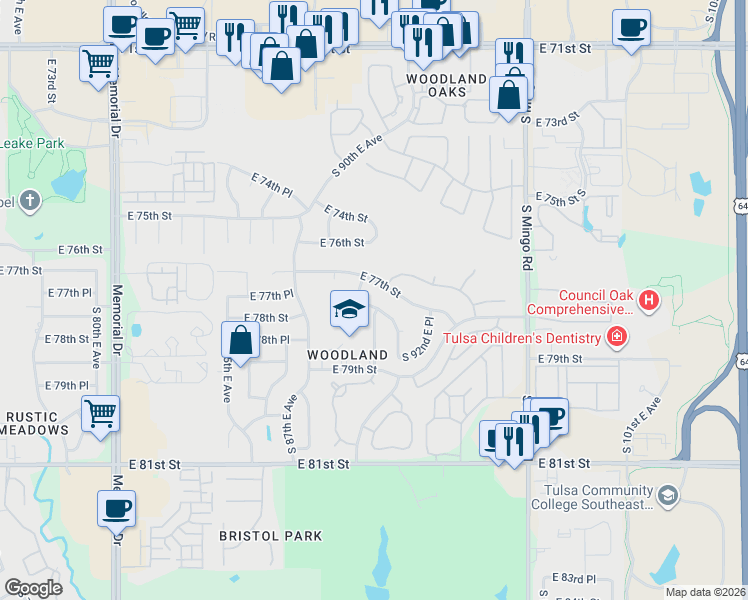 map of restaurants, bars, coffee shops, grocery stores, and more near 9006 East 77th Street in Tulsa