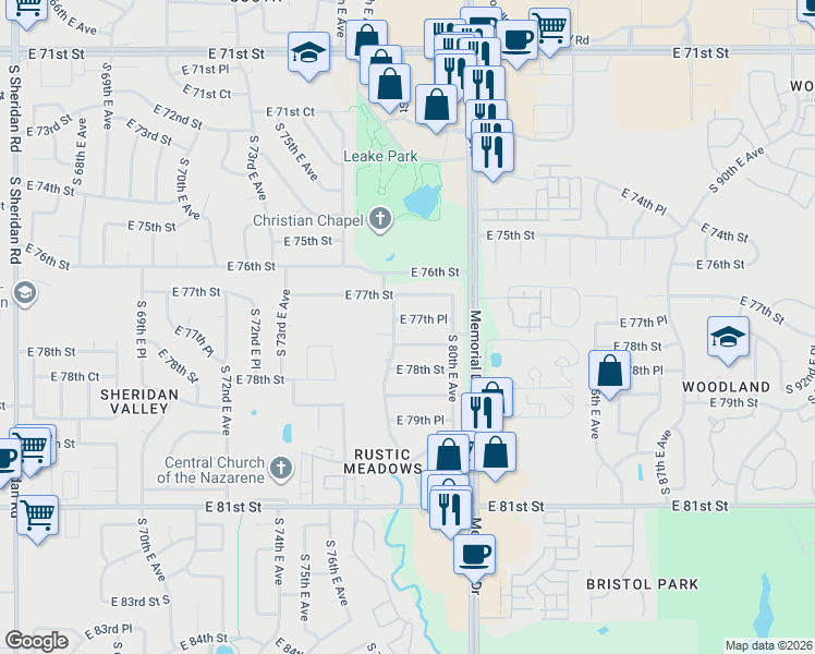 map of restaurants, bars, coffee shops, grocery stores, and more near 7801 East 77th Place in Tulsa