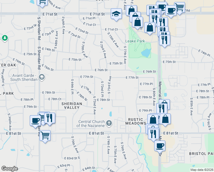 map of restaurants, bars, coffee shops, grocery stores, and more near 7301 East 77th Court in Tulsa