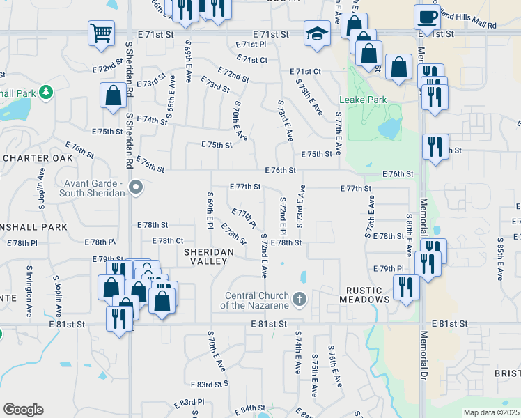 map of restaurants, bars, coffee shops, grocery stores, and more near 7716 South 72nd East Place in Tulsa