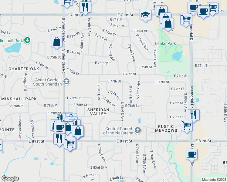map of restaurants, bars, coffee shops, grocery stores, and more near 7716 South 72nd East Place in Tulsa