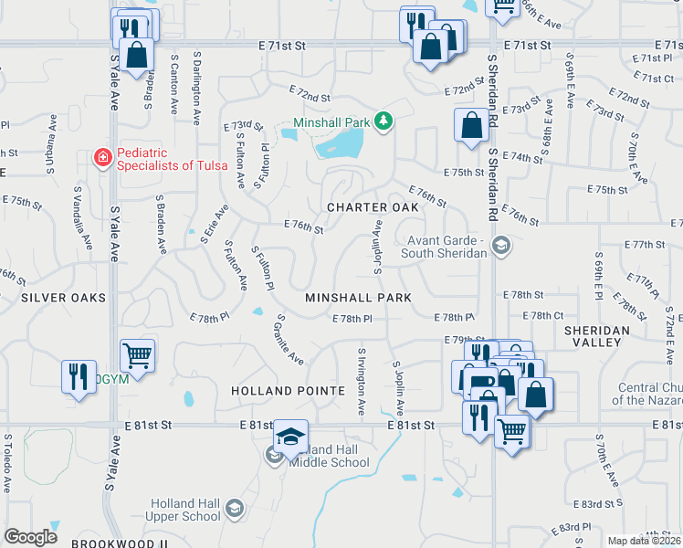 map of restaurants, bars, coffee shops, grocery stores, and more near 7712 South Irvington Avenue in Tulsa