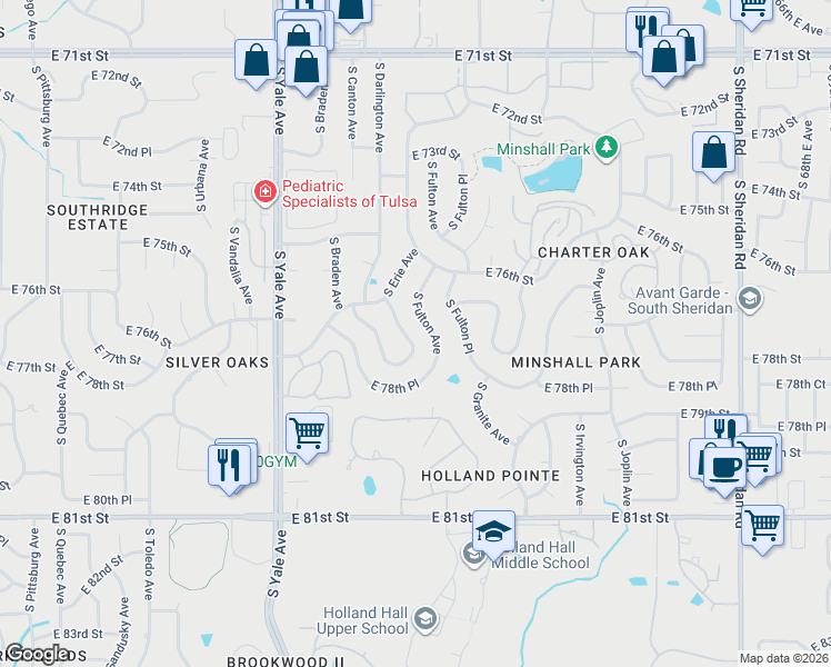 map of restaurants, bars, coffee shops, grocery stores, and more near 7719 South Erie Avenue in Tulsa