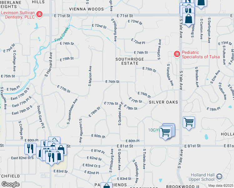 map of restaurants, bars, coffee shops, grocery stores, and more near 7619 South Oswego Place in Tulsa