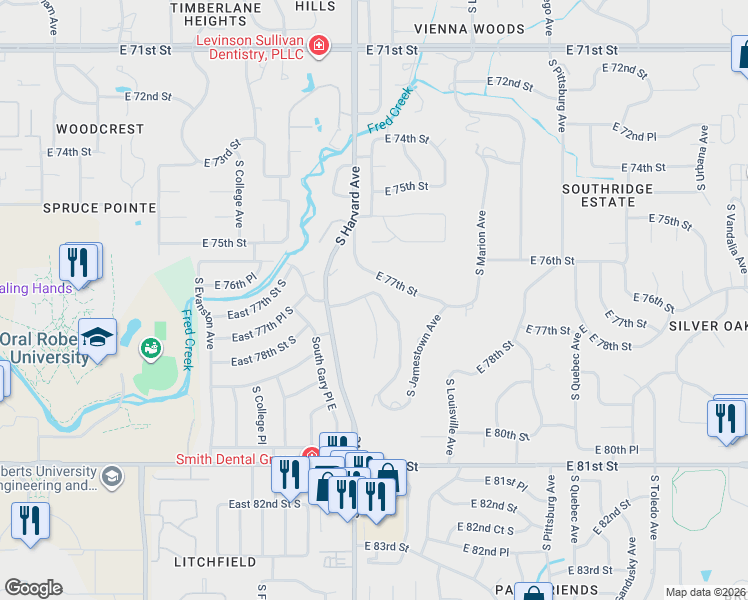 map of restaurants, bars, coffee shops, grocery stores, and more near 3340 East 77th Street in Tulsa