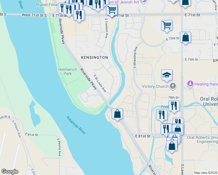 map of restaurants, bars, coffee shops, grocery stores, and more near 7722 South Trenton Avenue in Tulsa
