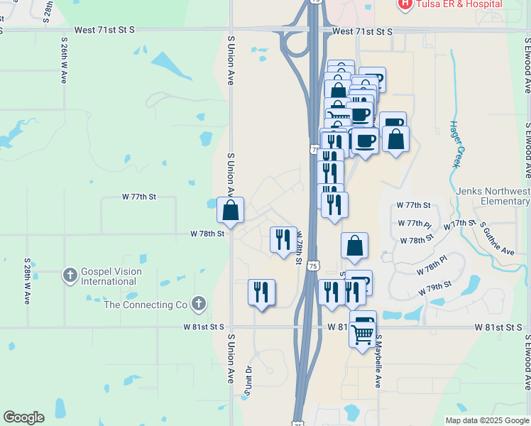map of restaurants, bars, coffee shops, grocery stores, and more near 1525 West 78th Street in Tulsa