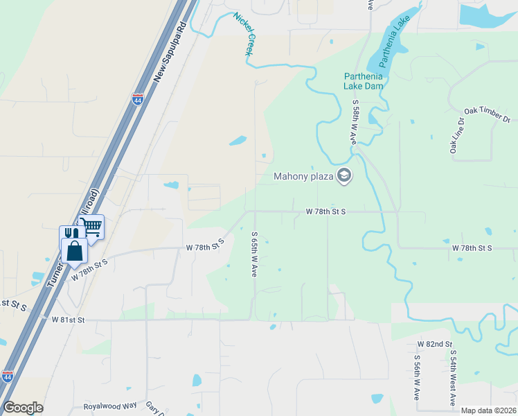 map of restaurants, bars, coffee shops, grocery stores, and more near 6439 West 77th Street South in Tulsa