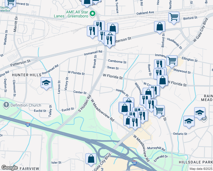 map of restaurants, bars, coffee shops, grocery stores, and more near 3208 North Hayden Street in Greensboro