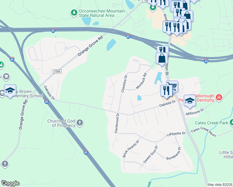map of restaurants, bars, coffee shops, grocery stores, and more near 2108 Rhonda Road in Hillsborough