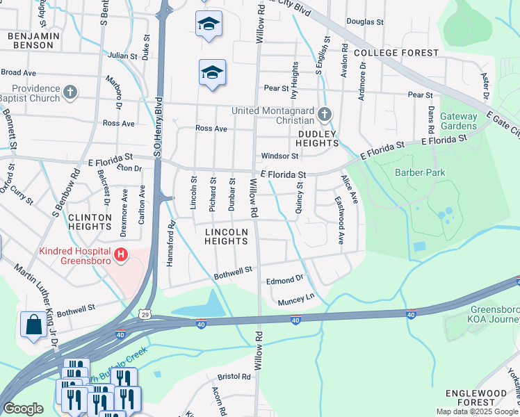 map of restaurants, bars, coffee shops, grocery stores, and more near 1621 Willow Road in Greensboro