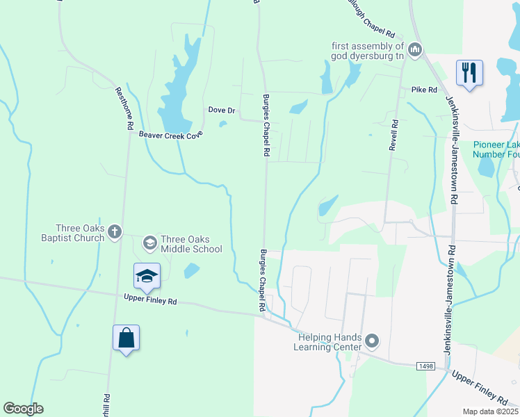 map of restaurants, bars, coffee shops, grocery stores, and more near 401 Burgies Chapel Road in Dyersburg