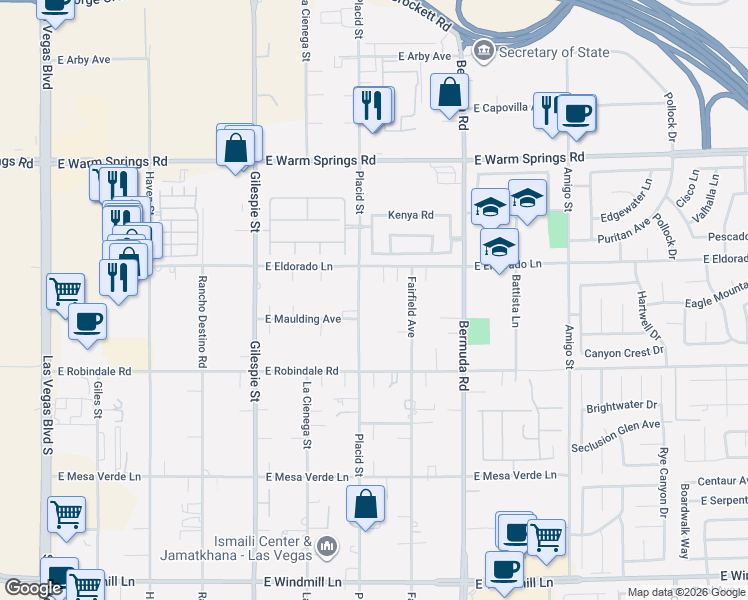 map of restaurants, bars, coffee shops, grocery stores, and more near 7564 Placid Street in Las Vegas