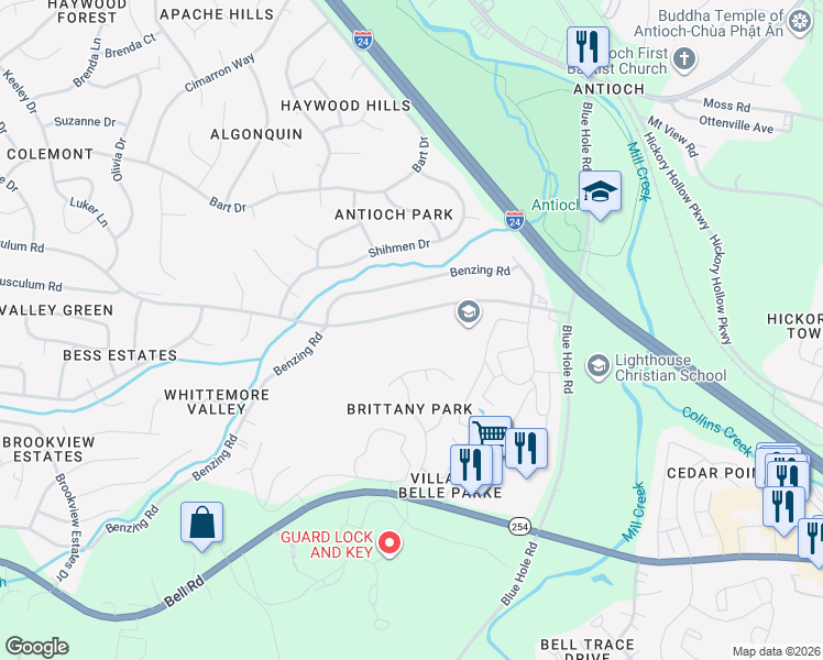 map of restaurants, bars, coffee shops, grocery stores, and more near 73 Tusculum Road in Nashville