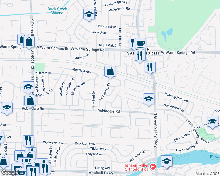 map of restaurants, bars, coffee shops, grocery stores, and more near 2325 Fairbourne Way in Henderson