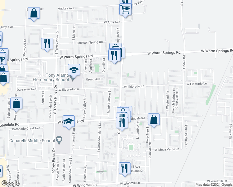 map of restaurants, bars, coffee shops, grocery stores, and more near 6126 Crow Butte Court in Las Vegas