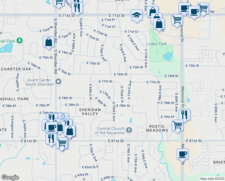 map of restaurants, bars, coffee shops, grocery stores, and more near 7716 South 72nd East Place in Tulsa