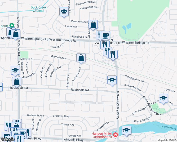map of restaurants, bars, coffee shops, grocery stores, and more near 2305 Fairbourne Way in Henderson