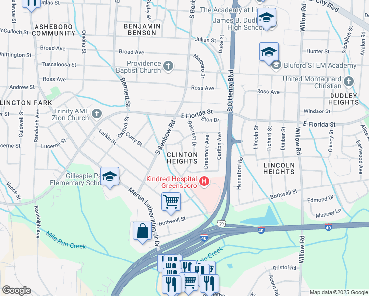 map of restaurants, bars, coffee shops, grocery stores, and more near 1905 Finley Street in Greensboro