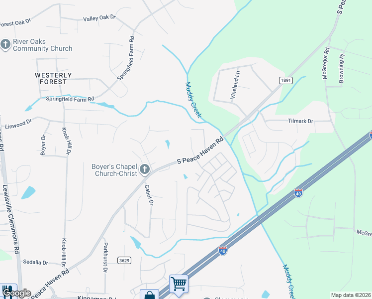 map of restaurants, bars, coffee shops, grocery stores, and more near 760 South Peace Haven Road in Winston-Salem