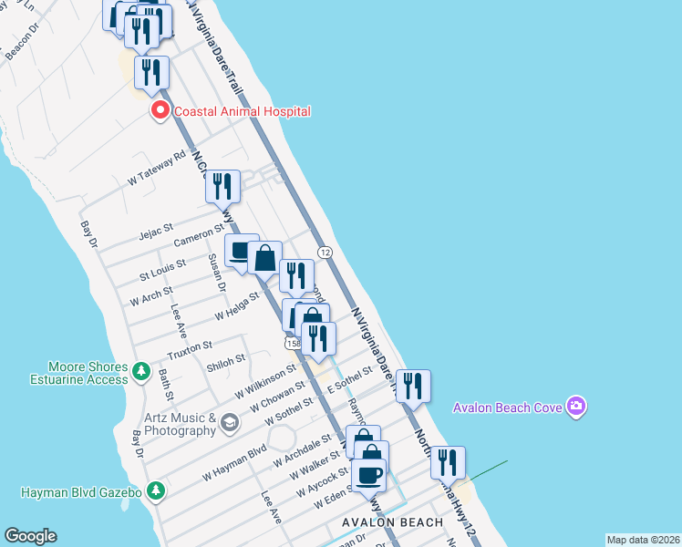 map of restaurants, bars, coffee shops, grocery stores, and more near 3123 North Virginia Dare Trail in Kill Devil Hills