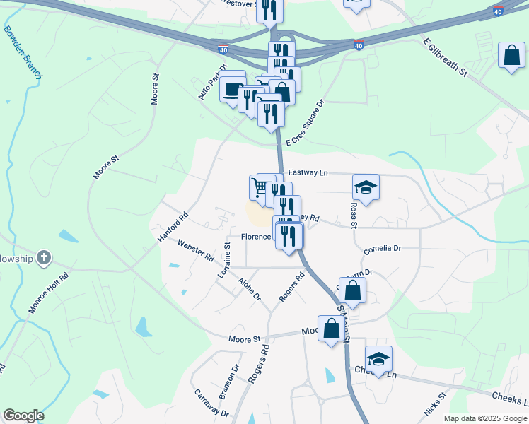 map of restaurants, bars, coffee shops, grocery stores, and more near 921 South Main Street in Graham