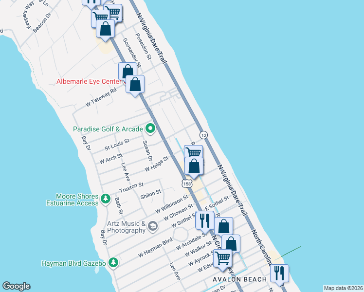 map of restaurants, bars, coffee shops, grocery stores, and more near 206 E Helga St in Kill Devil Hills