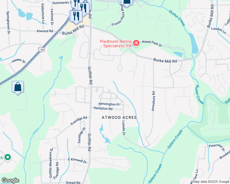map of restaurants, bars, coffee shops, grocery stores, and more near 360 Luzelle Drive in Winston-Salem