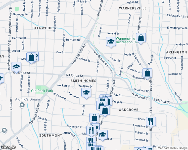 map of restaurants, bars, coffee shops, grocery stores, and more near 600 West Florida Street in Greensboro