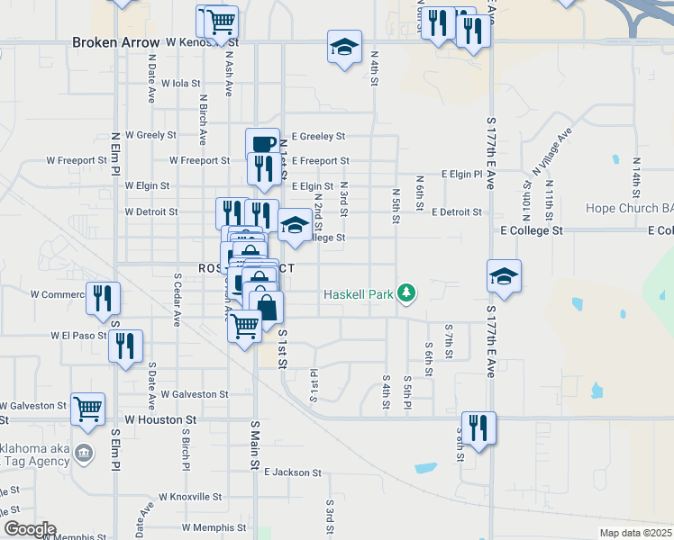 map of restaurants, bars, coffee shops, grocery stores, and more near 319 East Broadway Avenue in Broken Arrow