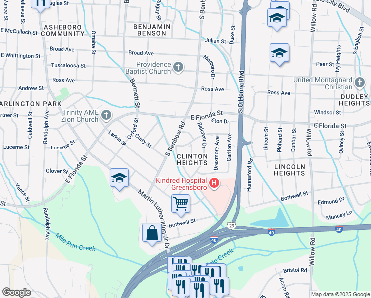 map of restaurants, bars, coffee shops, grocery stores, and more near 2005 New Castle Road in Greensboro