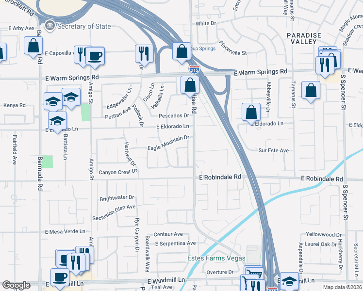 map of restaurants, bars, coffee shops, grocery stores, and more near 7555 Poppy Meadow Street in Las Vegas