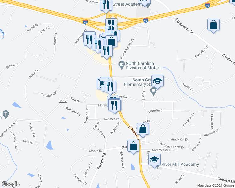 map of restaurants, bars, coffee shops, grocery stores, and more near 916 Bullis Street in Graham