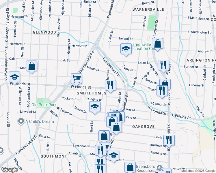 map of restaurants, bars, coffee shops, grocery stores, and more near 603 Marsh Street in Greensboro