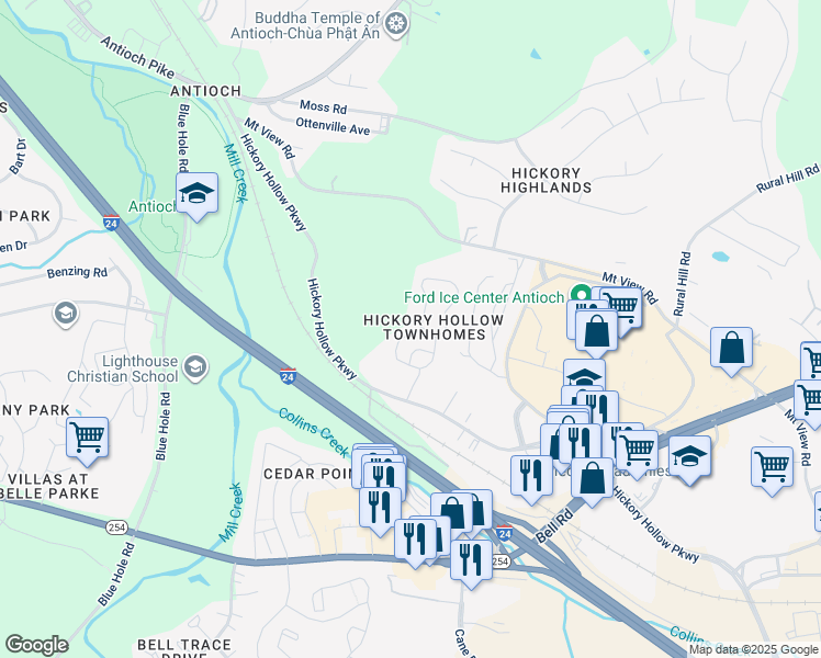 map of restaurants, bars, coffee shops, grocery stores, and more near 127 Hickory Hollow Parkway in Nashville