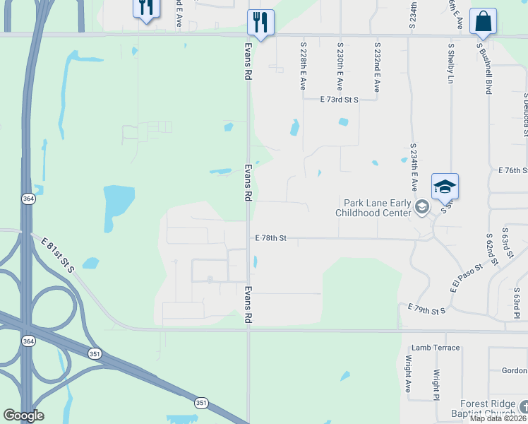 map of restaurants, bars, coffee shops, grocery stores, and more near 7601 South 225th East Avenue in Broken Arrow