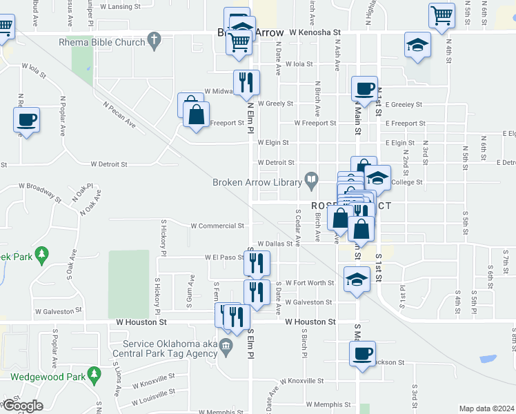 map of restaurants, bars, coffee shops, grocery stores, and more near 81 South Elm Place in Broken Arrow