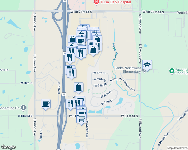 map of restaurants, bars, coffee shops, grocery stores, and more near 673 West 77th Street in Tulsa