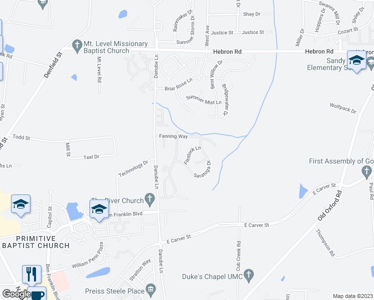 map of restaurants, bars, coffee shops, grocery stores, and more near 4329 Flintlock Lane in Durham