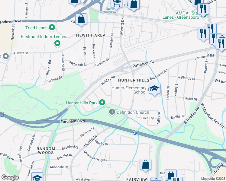 map of restaurants, bars, coffee shops, grocery stores, and more near 1313 Dayton Street in Greensboro
