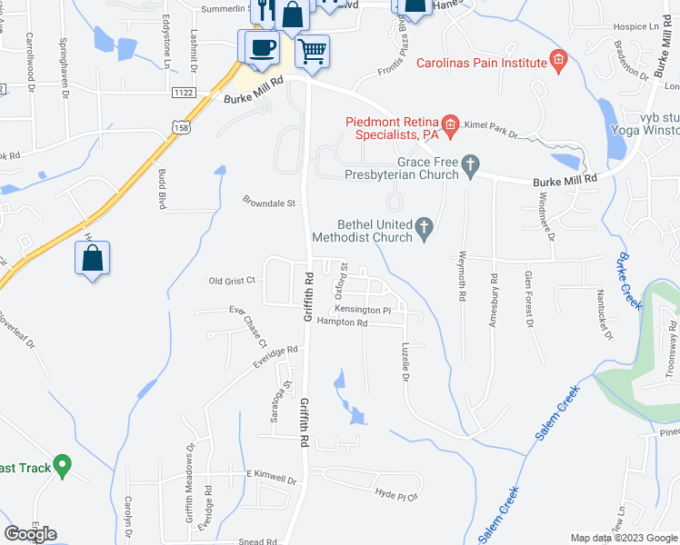 map of restaurants, bars, coffee shops, grocery stores, and more near 585 Oxford Street in Winston-Salem