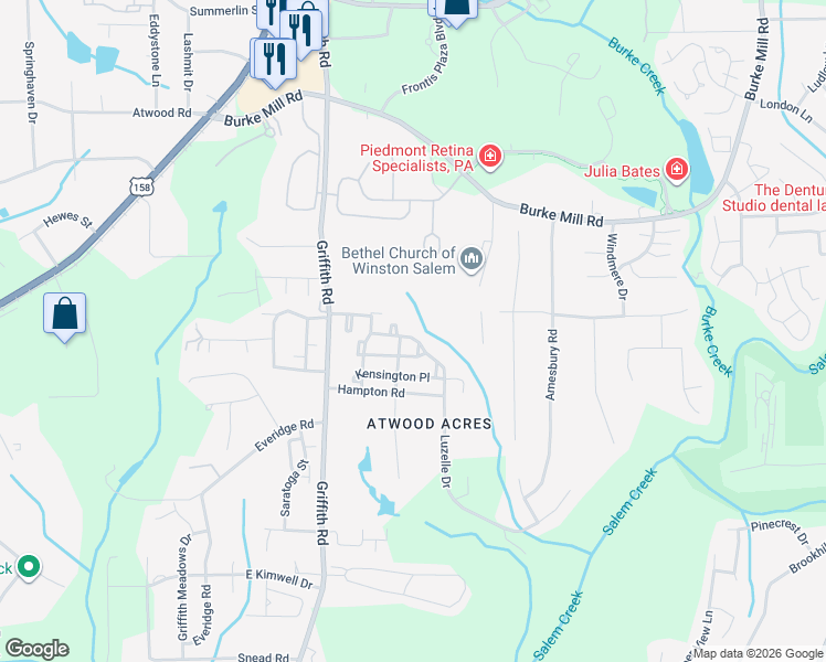 map of restaurants, bars, coffee shops, grocery stores, and more near 370 Luzelle Drive in Winston-Salem