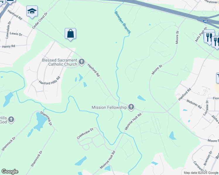 map of restaurants, bars, coffee shops, grocery stores, and more near 1455 Hanford Road in Graham