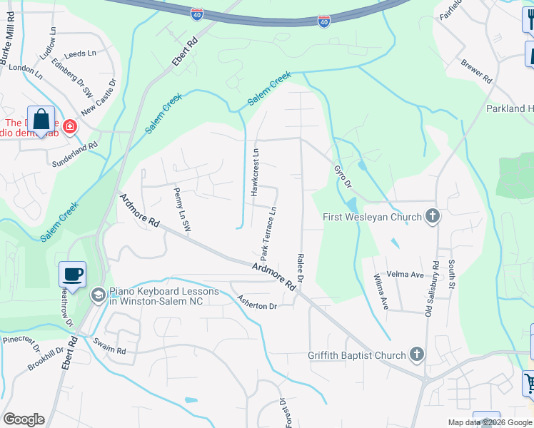 map of restaurants, bars, coffee shops, grocery stores, and more near 1707 Park Terrace Lane in Winston-Salem