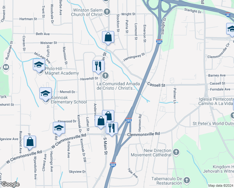 map of restaurants, bars, coffee shops, grocery stores, and more near 3257 Stockton Street in Winston-Salem