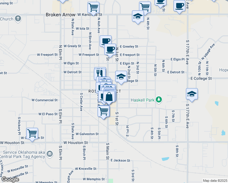map of restaurants, bars, coffee shops, grocery stores, and more near 120 West Broadway Place in Broken Arrow