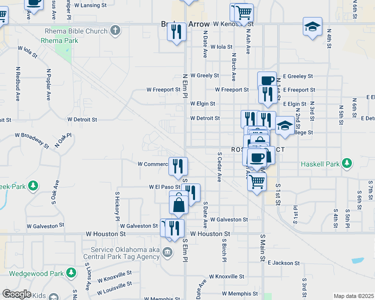 map of restaurants, bars, coffee shops, grocery stores, and more near 81 South Elm Place in Broken Arrow