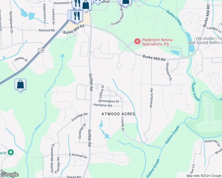 map of restaurants, bars, coffee shops, grocery stores, and more near 406 Peyton Court in Winston-Salem